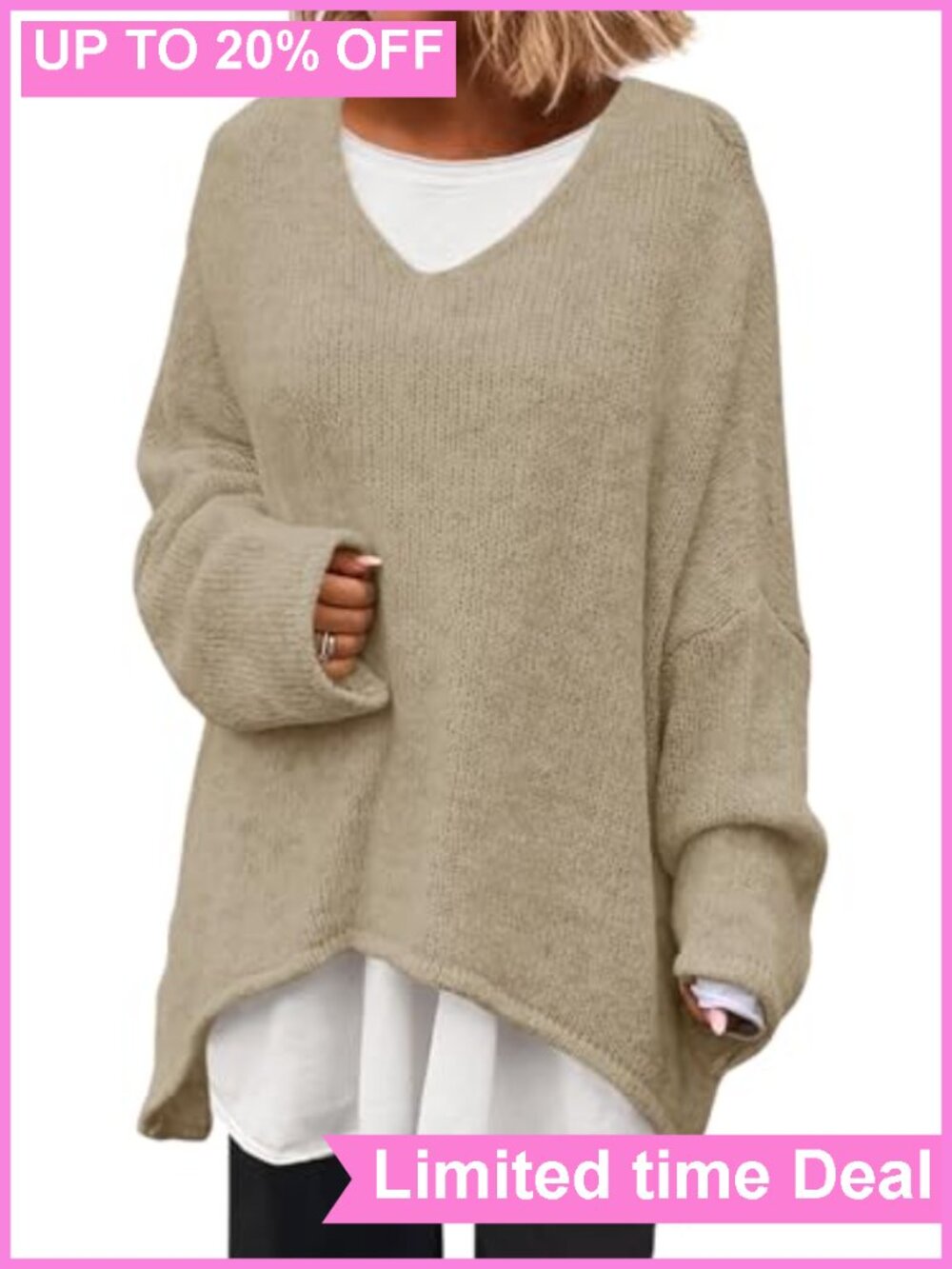 Oversized V Neck Batwing Long Sleeve Knit Slouchy Pullover Sweater